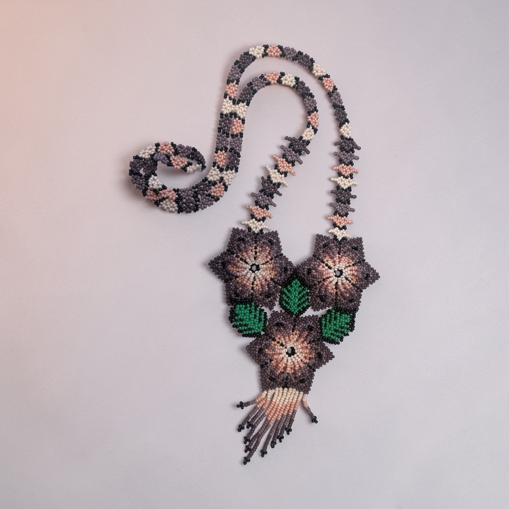 Handmade Beaded Floral Statement Necklace Mauve Pink Green Artisan Jewelry - Picture 5 of 7